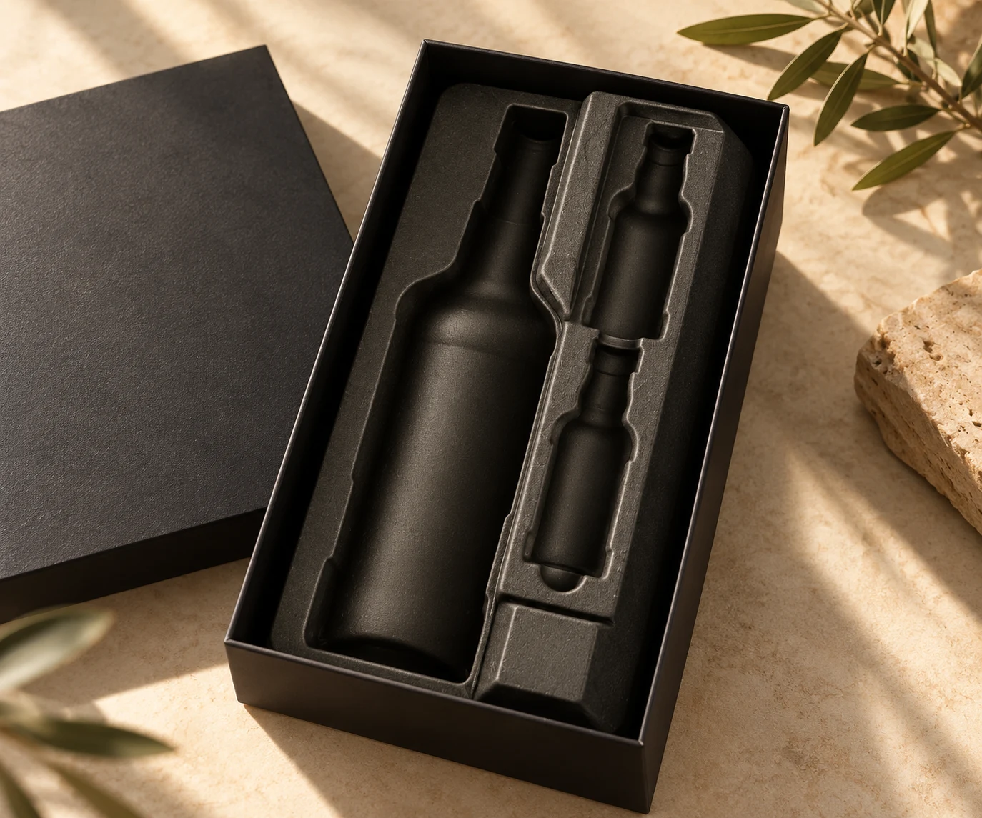 Calage PureForm® noir sur mesure pour bouteilles Calage PureForm® noir thermoformé sur mesure pour bouteilles